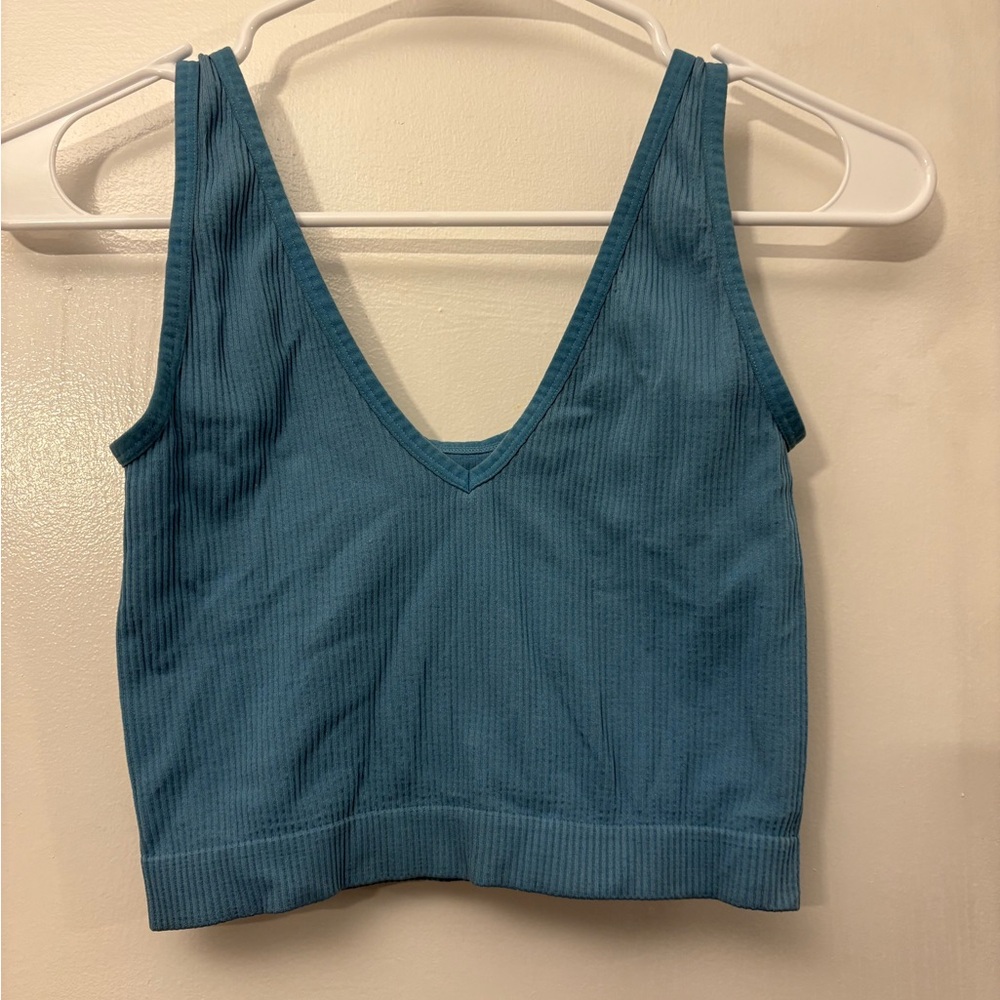 Colsie Blue Ribbed V-Neck Top